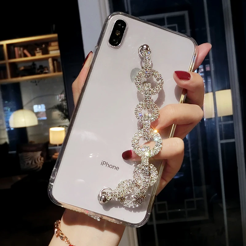 Чехол для iphone 11 блестящий чехол со стразами браслетом и цепочкой с кристаллами