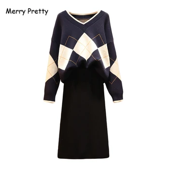 

MERRY PRETTY Womens Two Piece Sweater Sets 2019 Knitted Top And Pant Winter Argyle Embroidery V-Neck Knitted Pullover Mini Skirt