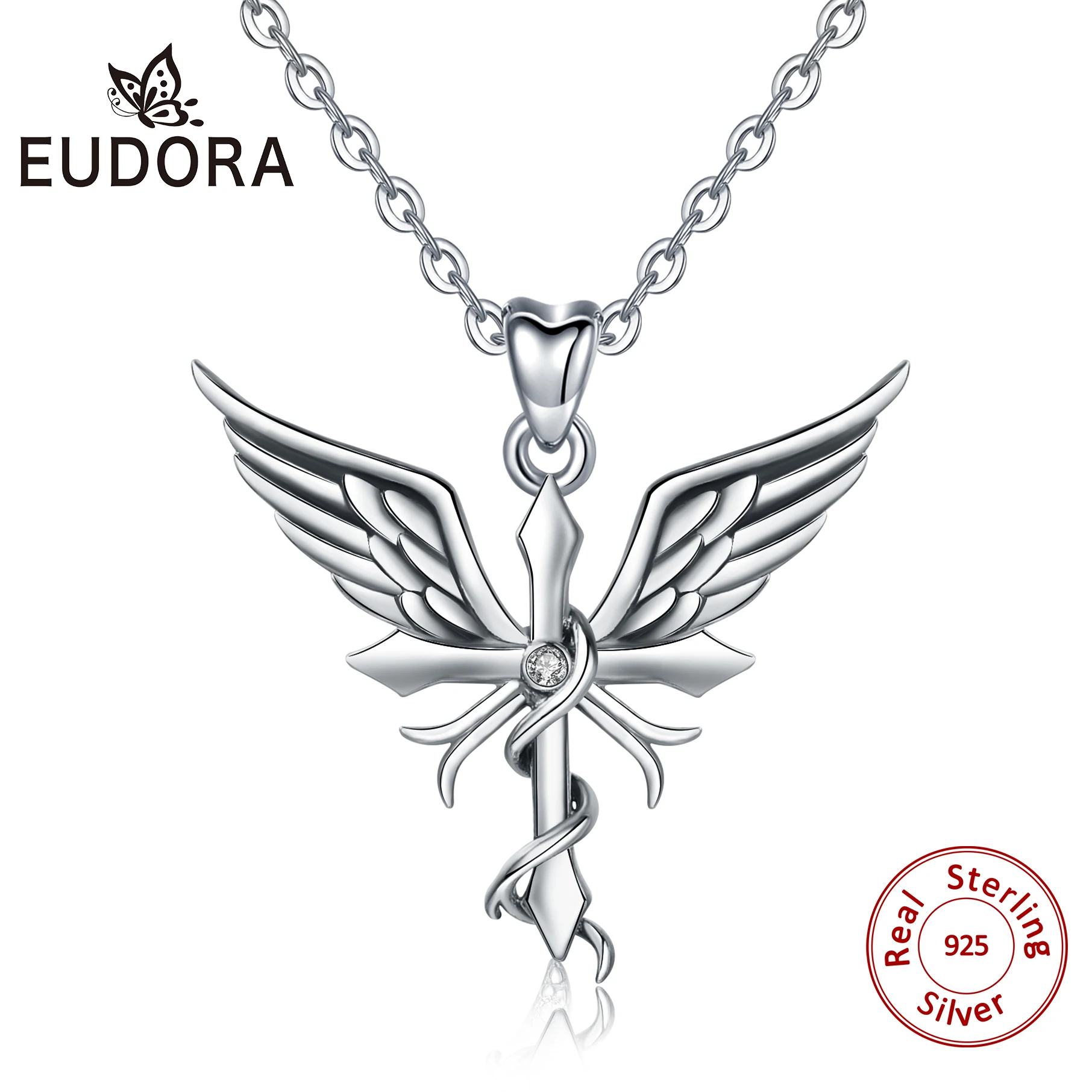 EUDORA 925 пробы, серебряное ожерелье с кулоном в виде креста, цельное серебряное ожерелье с кулоном в форме крыла, хорошее ювелирное изделие с коробкой для женщин и мужчин CYD503