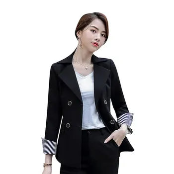 

2020 Women Two Piece Suits Overalls Slim Black White Blazer Ladies Office Work Double-breasted Blazer Suits Outer Wear