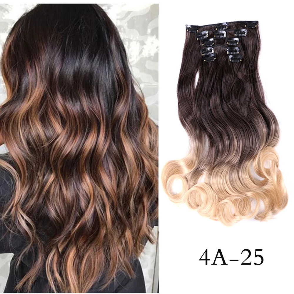

GLAMO 22" Clip in Extensions Ombre Long curly Hair Extension 12 Clips High Tempreture Synthetic Hairpiece Clip in Hair