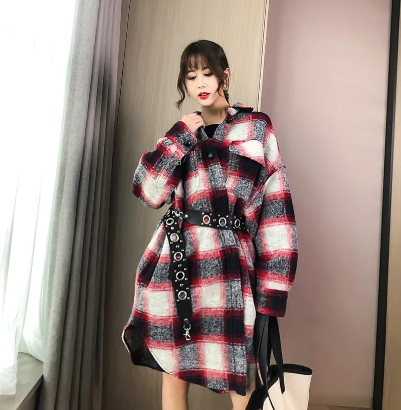 19 Autumn And Winter Loose-Fit Oversized Vintage Tweed Pattern Wool Coat Shirt Long Woolen Coat Women's