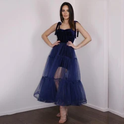 SoDigne Navy Blue Velour Prom Party Dresses Ruffles Spaghetti Straps Sleeveless Tea-Length Homecoming Dresses Evening Gowns