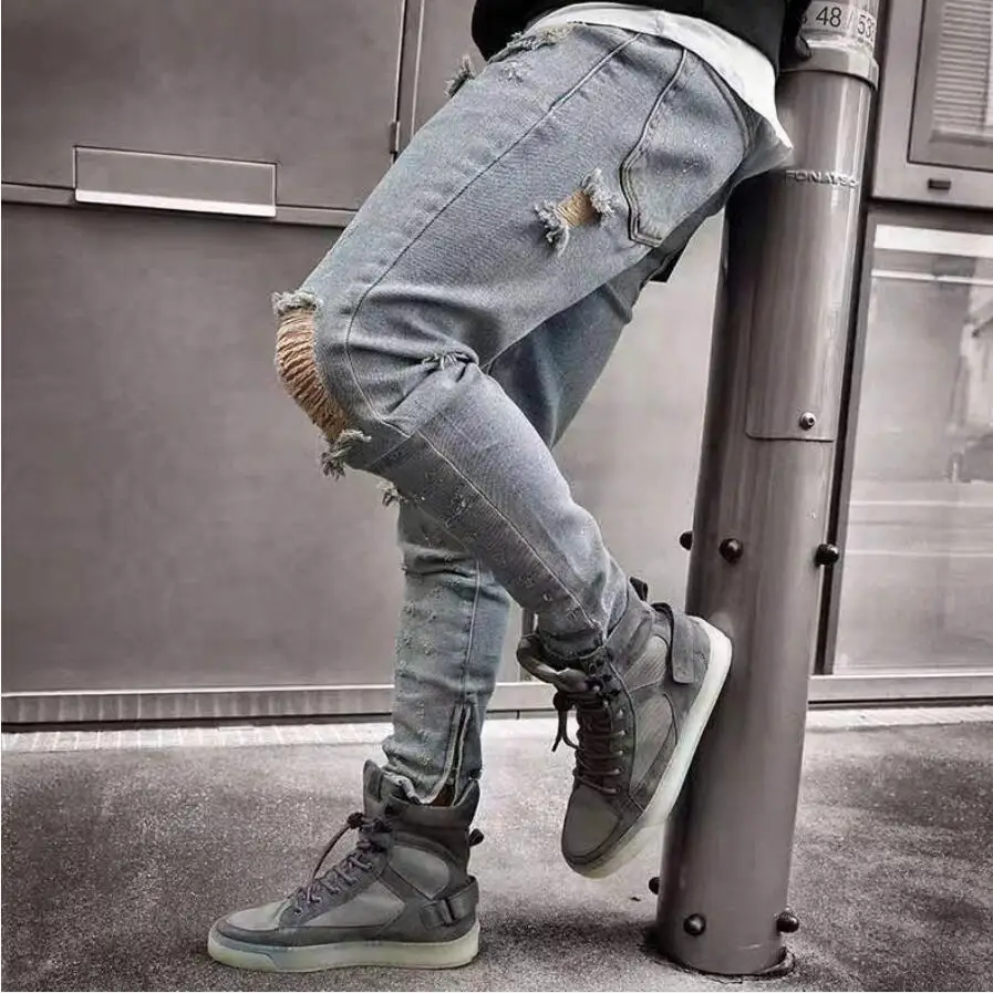 Promo 2019 Men Stylish Ripped Jeans Pants Biker Slim Straight Hip Hop Frayed Denim Trousers New Fashion Skinny  broken hole Jeans 3XL