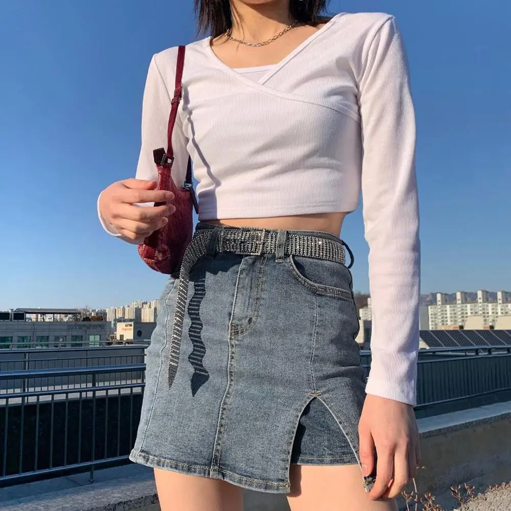 

Denim Mini Skirt Women 2020 Vintage Blue Short Jeans Skirts Womens Summer Side Split Irregular Ladies Casual Jean Skirt A Line