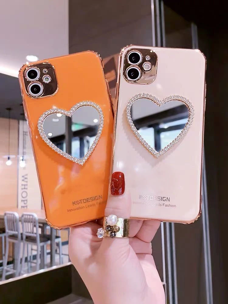 Luxury 3d Electroplate Love Heart Makeup Mirror Girl Diamond Phone Case For Iphone 11 12 Pro Max X Xs Xr 7 8 Plus Soft Cover Phone Case Covers Aliexpress