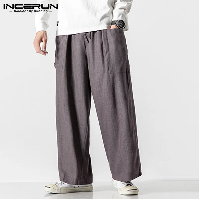 INCERUN Vintage Men Casual Wide Leg Pants Cotton Elastic Waist Pockets Joggers Retro Loose Trousers Men Street Style Long Pants