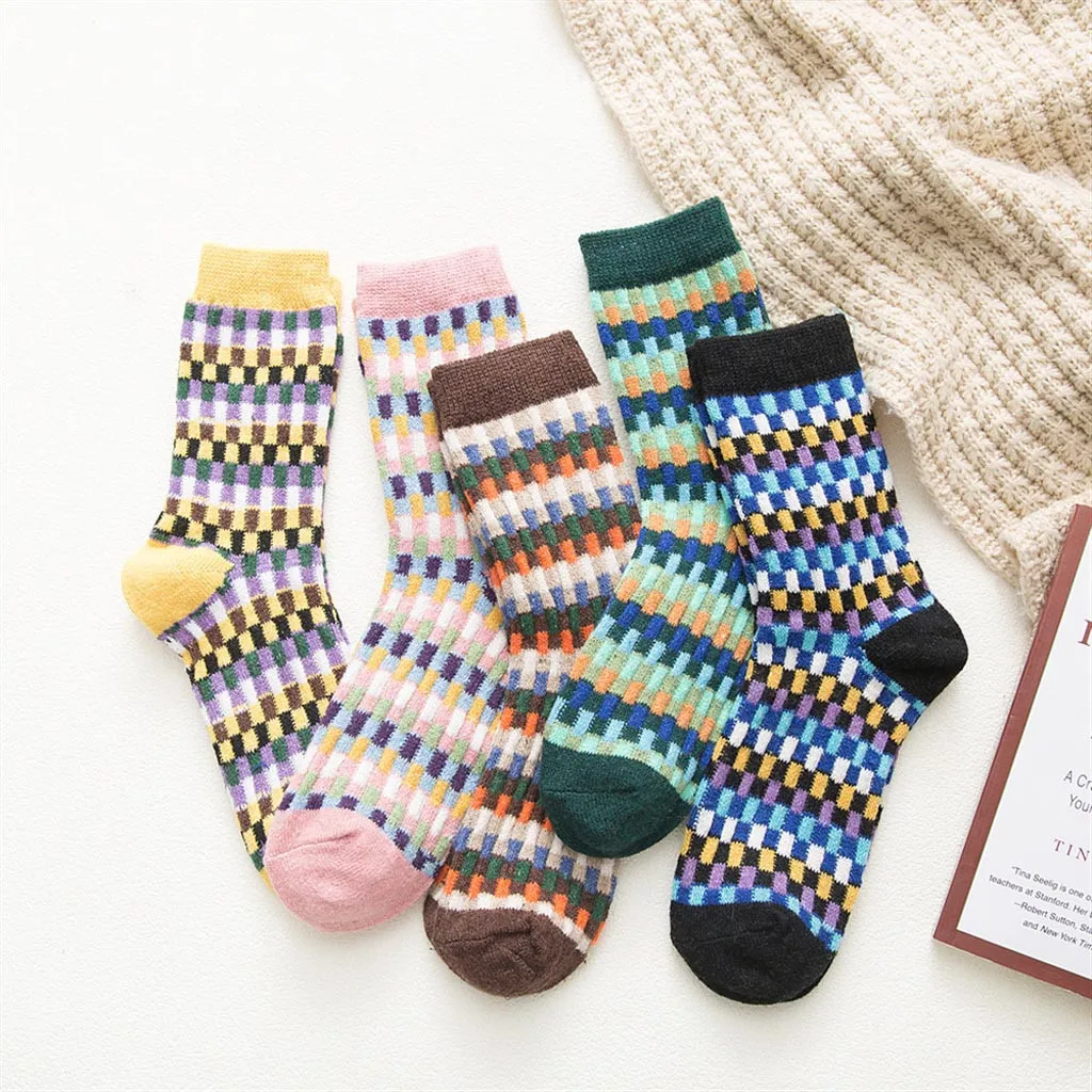 5 пар, Женские винтажные носки с принтом носков, Полосатые Шерстяные нейлоновые носки, женские зимние утепленные носки в национальном стиле, skarpetki