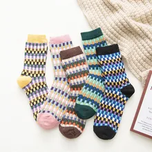 5 пар, Женские винтажные носки с принтом носков, Полосатые Шерстяные нейлоновые носки, женские зимние утепленные носки в национальном стиле, skarpetki