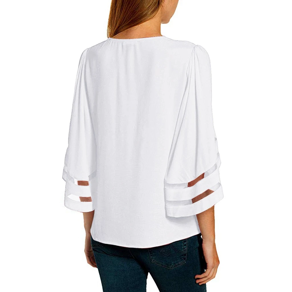 JAYCOSIN Fashion Loose Blouse Female V Neck Mesh Panel Blouses 3/4 Bell Sleeve Casual Loose Blouse Patchwork Ladies Girls 802