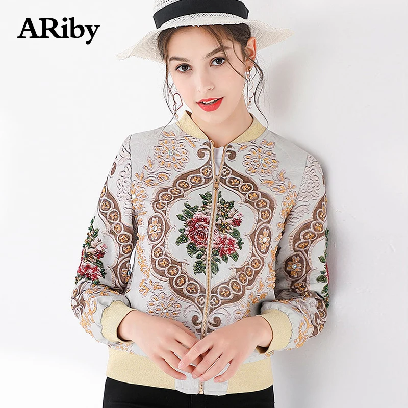 ARiby, Высококачественная Женская куртка, осенняя, женская, винтажная, Цветочная, с бисером, со стразами, повседневная, элегантная, короткая куртка с карманом