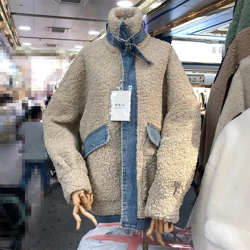 Осень и зима новые корейские сплайсинговые джинсы свободные овчины модное цельное пальто женские куртки и пальто куртка размера плюс - Цвет: Dark Apricot