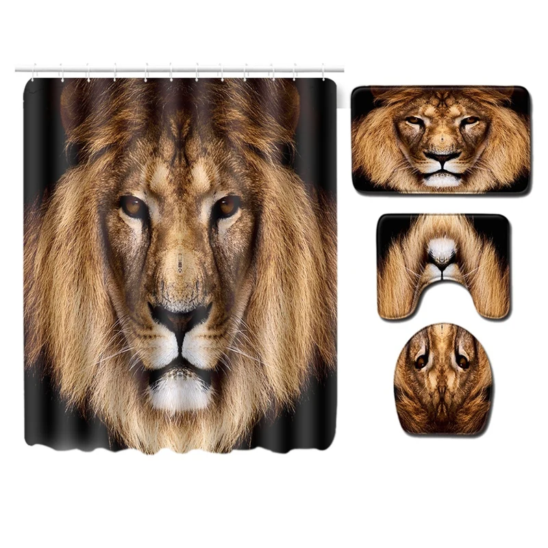 180X180Cm Waterproof Bathroom Shower Curtain Toilet Cover Mat Non-Slip Rug Set 6 Hooks