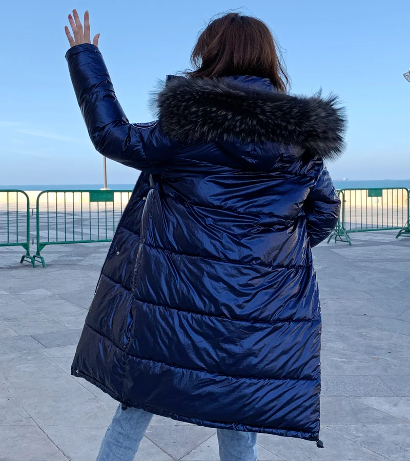 Модная яркая куртка цвета металлик синего и розового цвета с капюшоном пальто для женщин зимние теплые хлопковые мягкие длинные парки бомбер