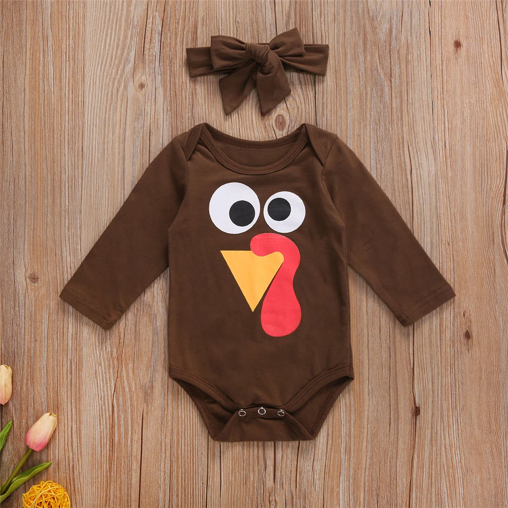 

WenaZao Baby Girls Cute Turkey Print Bodysuits Casual Long Sleeve Halloween One-Pieces Leotard and Headband