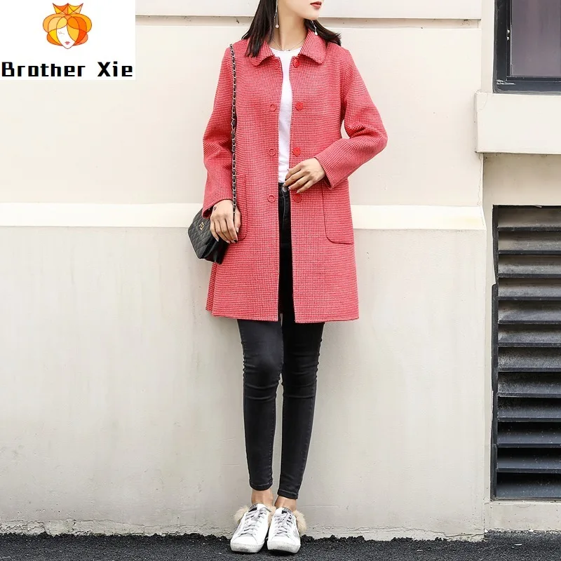 

New double-sided cashmere overcoat in spring of 2020 100% wool coat for women plaid coat red woolen coats long jacket winter