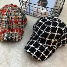 01910-duxiao4343 твидовая Осенняя клетчатая Классическая Кепка с помпоном для отдыха женская бейсболка