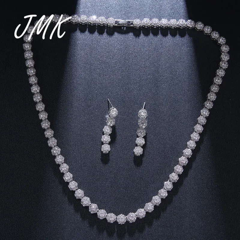 

JMK Luxury Flower Round Jewelry Sets Elegant Zircon Silver Dangle Earrrings Necklace Sets For Women Bridal Wedding Party Gift