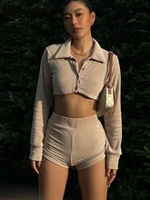 

Sylcue Loose Casual Comfortable Supple Solid Color High Street Slim Cropped Top Elastic Waist Shorts Women Two-Piece Suit