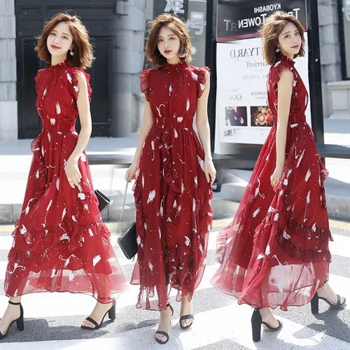 

2019 WOMEN'S Dress Summer Printed Flounced Short Sleeve Chiffon Fashion Korean-style Elegant Slimming Mid-length Fashion