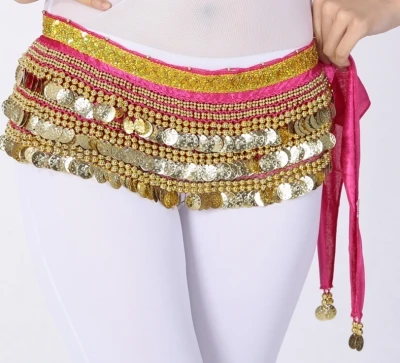 Multi-Rows Gold Coin Beads Belly Dance Skirt Wrap Gift Idea Dance Shows Party Night Out Shining Velvet Hip Scarf Skirt Dancewear - Цвет: fushia