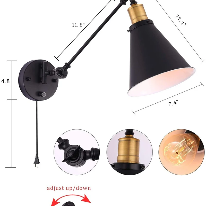 outdoor wall lights Retro Gold Rocker Wall Lights For Hotel Aisle Bedroom Bedside Decor  Iron Wall Lamp With Eu/Us Plug Industrial Wall Lamps E27 plug in wall lights