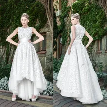 

Charming A-Line Hi-Lo Appliques Organza Long Wedding Dress Bridal Gown White Ivory Sleeveless Floor Length F588