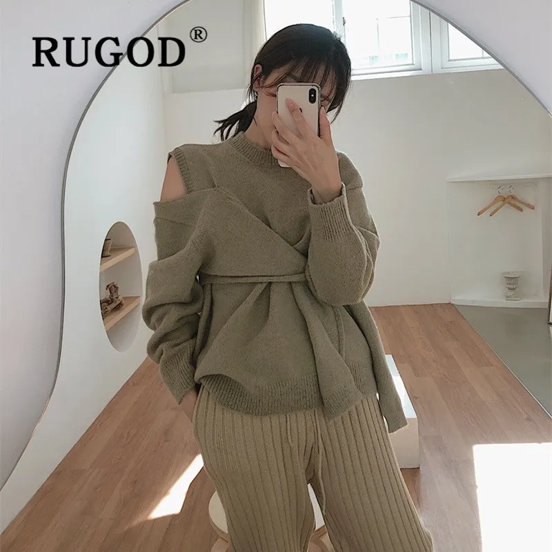 Свитер женский RUGOD, модный свитер с открытыми плечами, на шнуровке, женский, корейский, круглый вырез, длинный рукав, толстый зимний свитер, шикарный вязаный пуловер, Pull Femme кофта женская