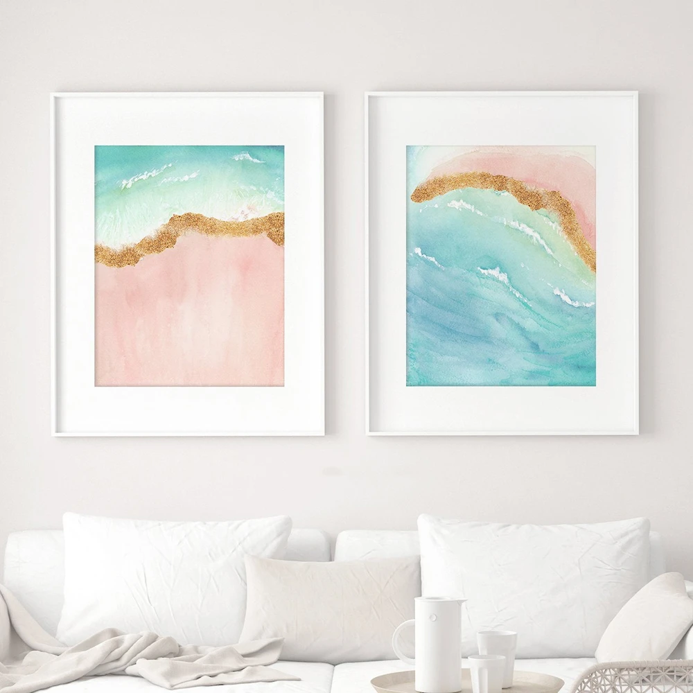 Abstract Watercolor Beach Art Pink Turquoise Gold Ocean Large Poster Canvas Art Landscape Painting Wall Pictures For Living Room|Painting & Calligraphy| - Aliexpress