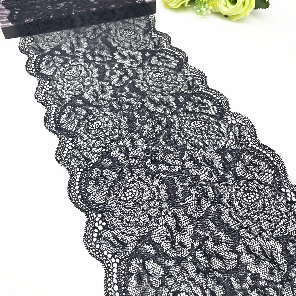3y/Lot Width 8 7/8 in 22.5cm Black Elastic Stretch Lace Trim 1