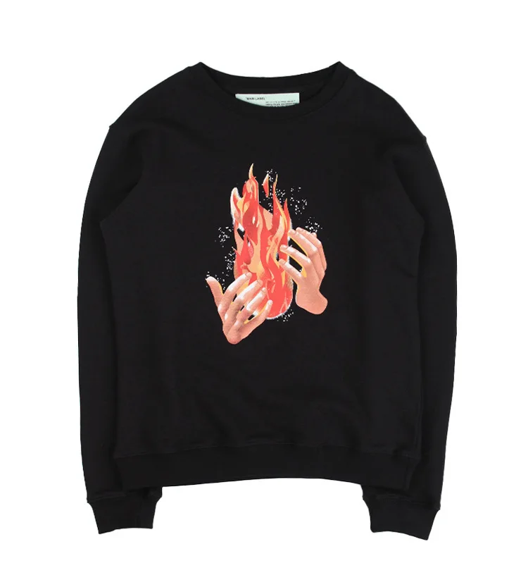 OFF-WHITE круглый воротник, ручная работа, пламя, длинный рукав, свободная Уличная Повседневная Женская Мужская толстовка, пальто - Цвет: Черный