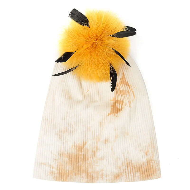 beige yellow Charm Wood, стиль, унисекс, Tie Dye Beanie, шапка для женщин и мужчин, шапка с черепом, зима-осень, теплые ребристые шапки с меховым помпоном страуса - Цвет: beige yellow