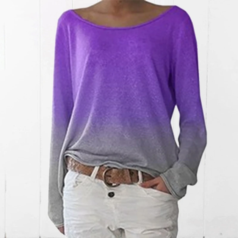 LASPERAL Осенняя Футболка женская футболка с градиентным принтом на плечах с круглым вырезом футболка с длинным рукавом повседневные свободные топы