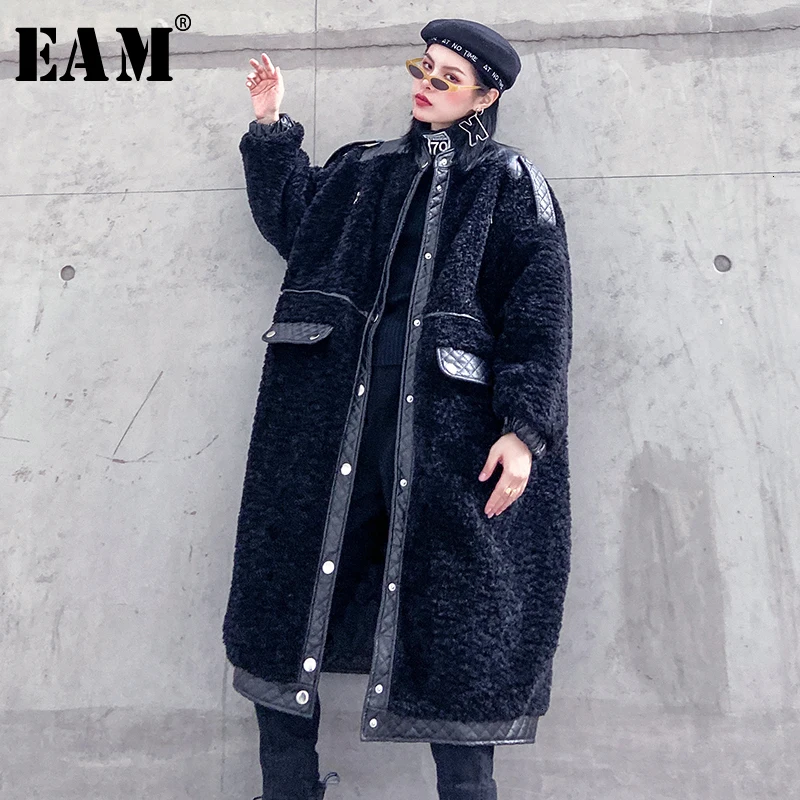 [EAM] свободная Зеленая куртка из овечьей шерсти с разрезом, большой размер, новинка, стоячий воротник, длинный рукав, Женское пальто, модное, Осень-зима, 1M332