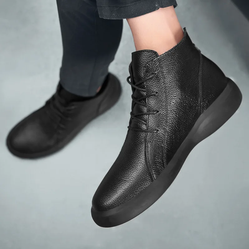 

Winter High Shoes First Layer Leather Boot Genuine Leather Fashion Man Lace-up Men's Boot Thick Bottomed Anti-slip Martin Boots