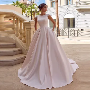 

Scoop Neck A-Line Wedding Dresses Satin Sleeveless 2021 Pleated Custom Princess Women Bridal Gowns European Vestidos De Novia