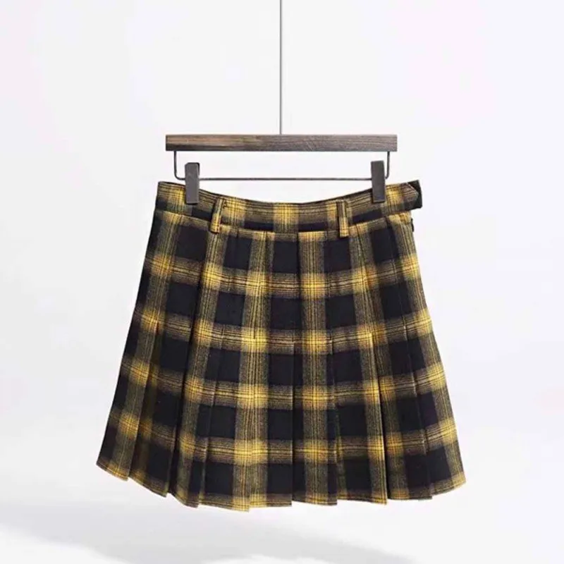 Мини-юбка мода Harajuku Высокая Талия Короткие плиссированные юбки женские консервативный стиль Униформа дамы kawaii желтый плед мини юбка