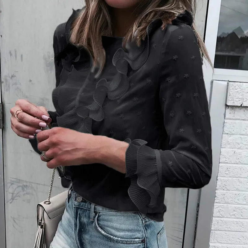 

Women Elegant See through Ruffles OL Blouse Long Sleeve Tunic Pullover Long Sleeve Casual Street Tops White Black \Shirt
