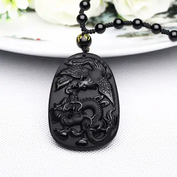 

christmas Chinese Natural Black Obsidian Hand-Carved Dragon Phoenix Auspicious Pendant halloween