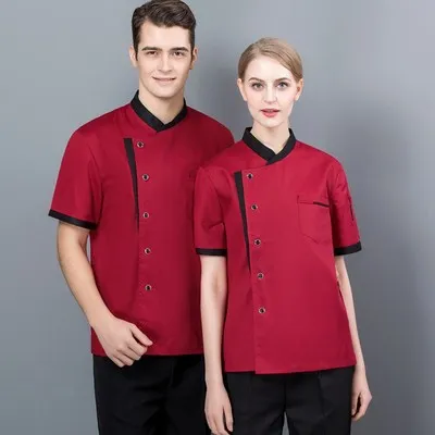 red Top 03 Мужская ресторанная форма шеф-повара, дышащая рубашка с короткими рукавами, куртка шеф-повара+ фартук, рабочая одежда для мужчин - Цвет: red Top 03