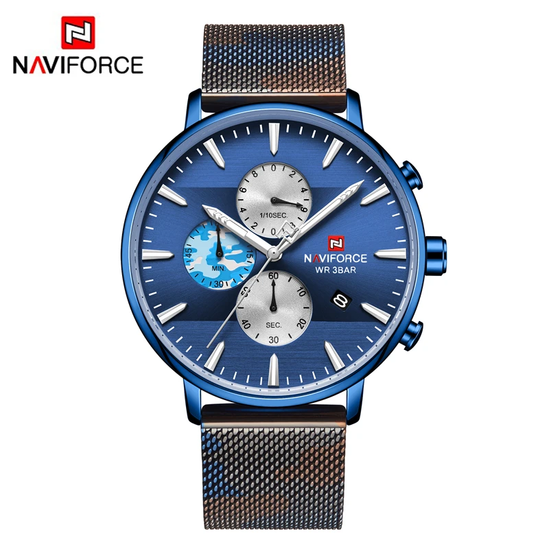 NAVIFORCE Топ Роскошные брендовые новые модные спортивные Кварцевые простые часы мужские полностью стальные водонепроницаемые часы с датой Relogio Masculino - Цвет: Blue