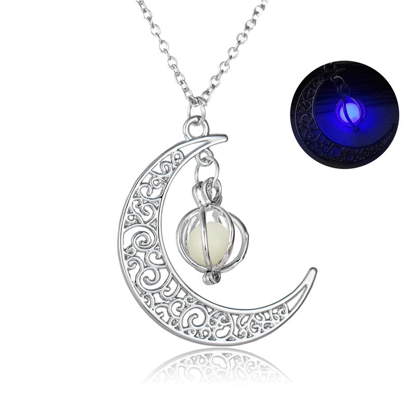 Серебряное полое светящееся каменное ожерелье для женщин и мужчин, подвеска в виде Луны, ювелирное изделие, модная цепочка, колье, женское светящееся в темноте колье - Окраска металла: purple