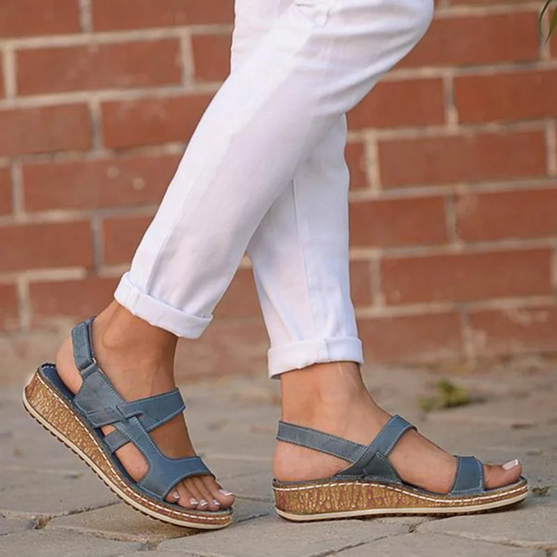 SHUJN/туфли на танкетке из искусственной кожи; женские босоножки на высоком каблуке; Повседневная летняя обувь; Вьетнамки; Femme; Босоножки на платформе; размера плюс - Цвет: Blue C