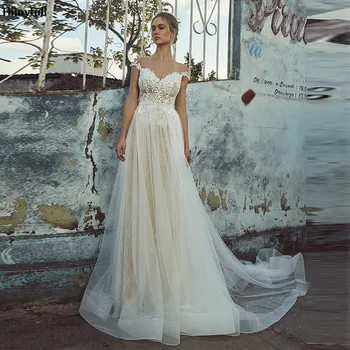 

Thinyfull 2021 Champagne Lace Wedding Dresses Boho Appliques Backless Beach A-Line Mariage Gowns Princess Vestidos De Boda