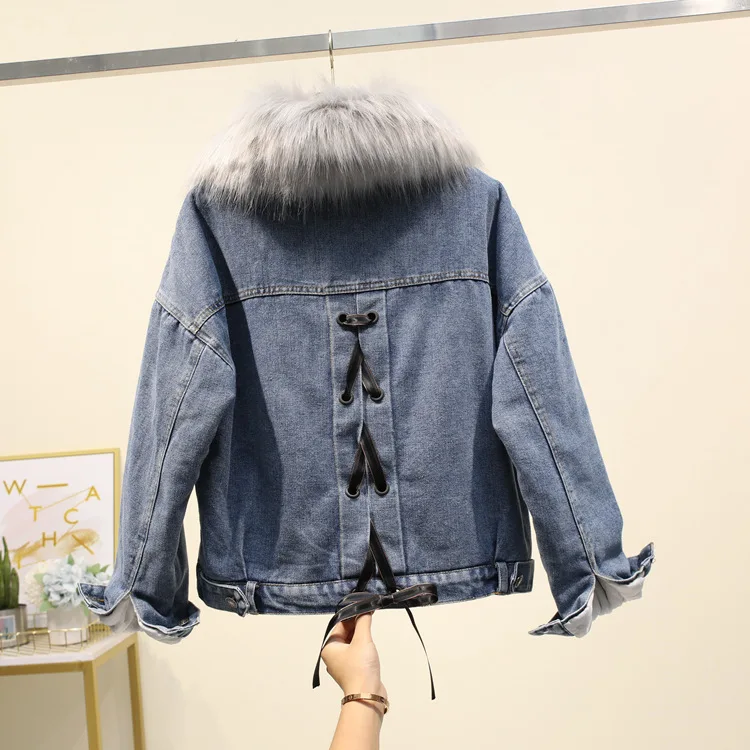 

Photo Shoot Hong Kong Style CHIC Faux Fox Fur Collar plus Velvet Jeans Coat Women's Loose-Fit Autumn And Winter 2019 New Style T