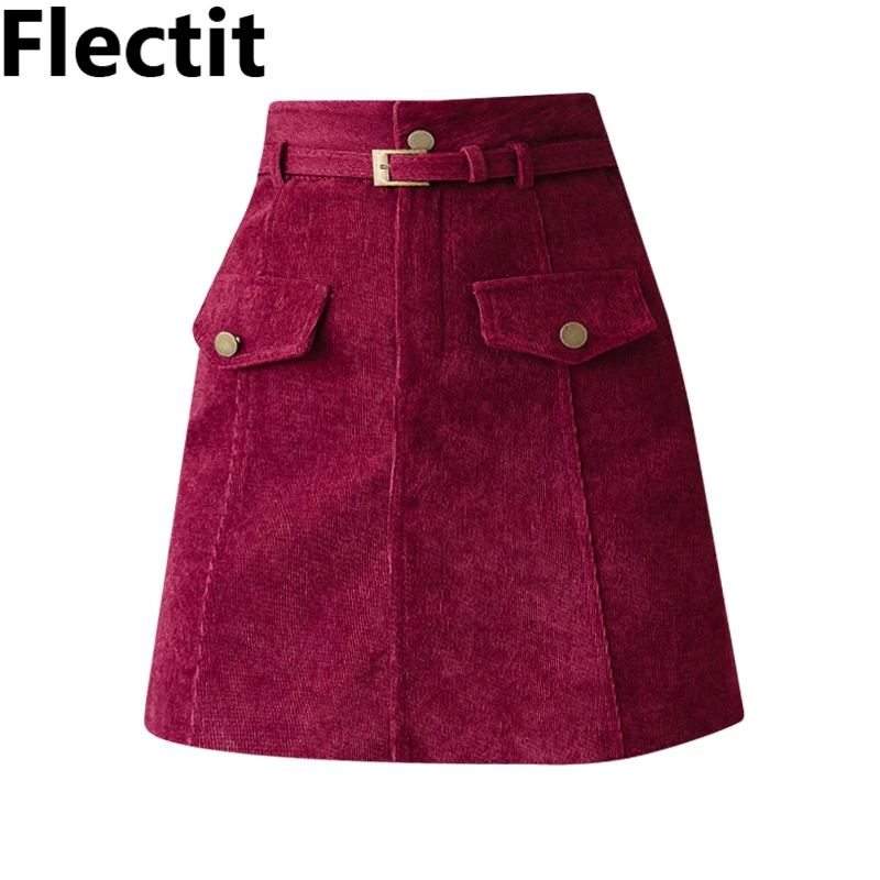 Женская вельветовая мини юбка с ремнем Flectit зимние толстые юбки и фальшивым