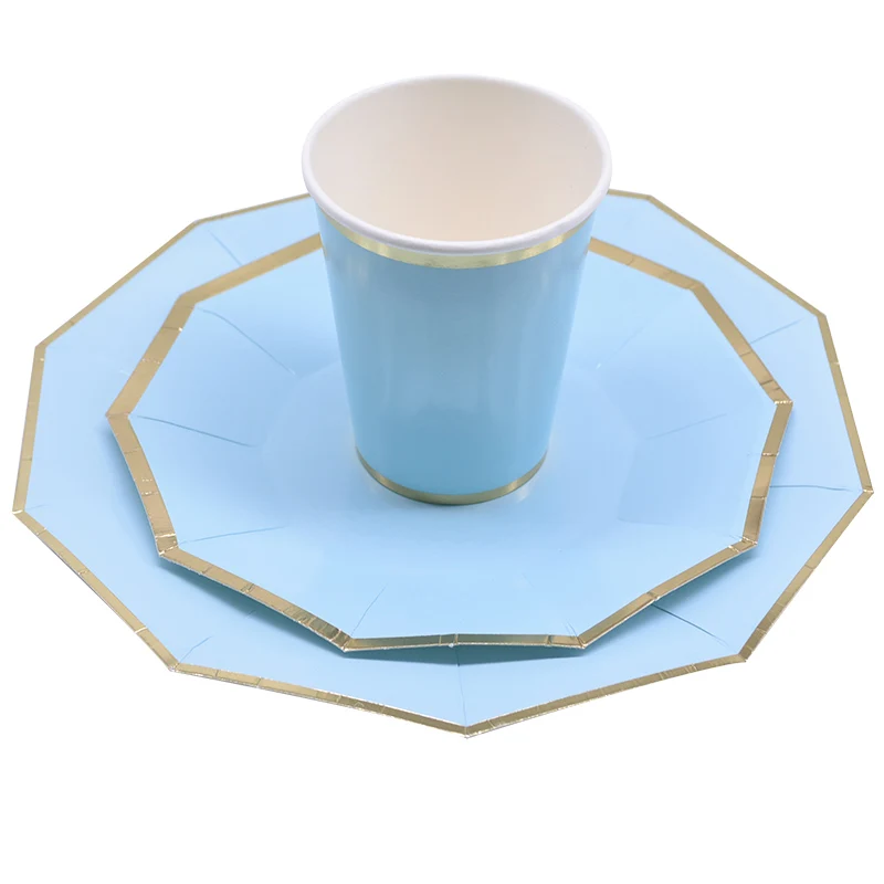 24pcs/set Green Pink Blue Paper Plates Cups Disposable Tableware Set for Wedding Birthday Party Baby Shower Supplies Gold Decor
