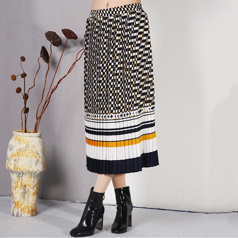 Fashion Tide Spring Fashion Dot Striped Printing Pleated Elastic High Waist Women Skirt All-match Female Overknee Bottoms YF129