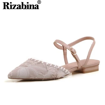 

RIZABINA Women Sandals Shoes Fashion Pointed Toe Metal Buckle Shoes Women Real Genuine Leather Strap Toe Footwear Size 33-43