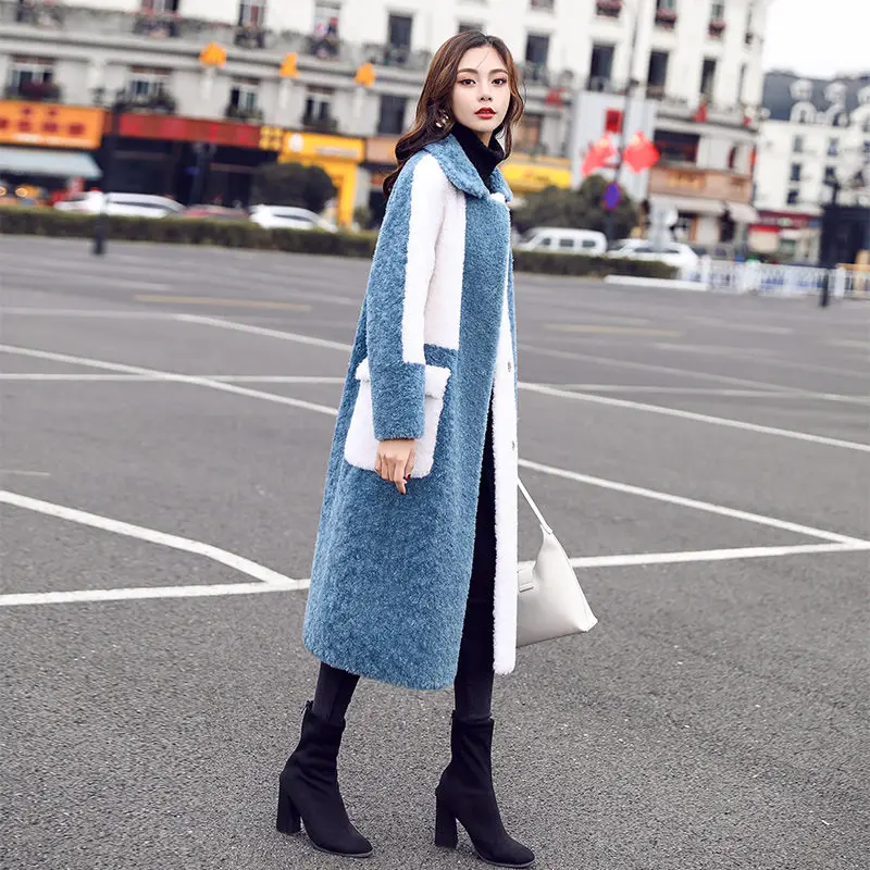 ##BUY 2019 Winter New Women #039;s Fashion Style Color Matching Lamb Fur Coat Long Thickening Imitation Fur Coat Casacos Feminino f2448